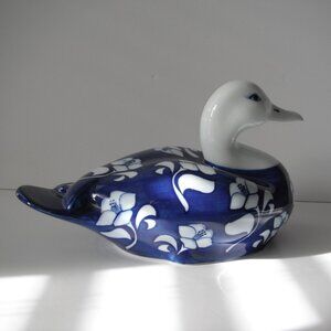 Vintage Gallo Design Camelia Large Duck Blue/White Floral Porcelain Figurine